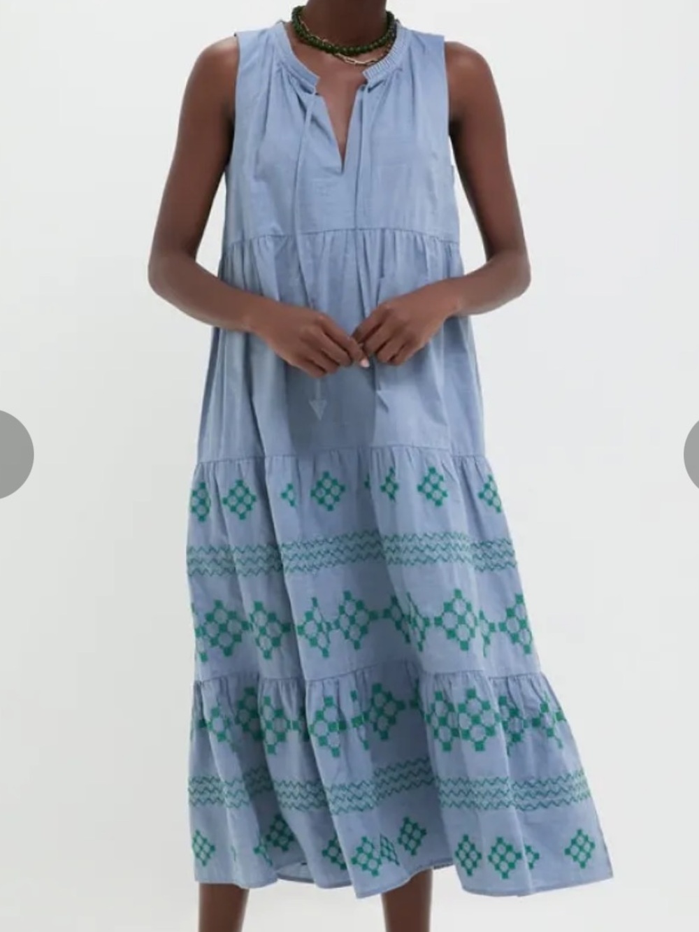 Tuckernuck Emerald Embroidered Chambray Salty Paloma Caftan Blue Sleeveless Sz L